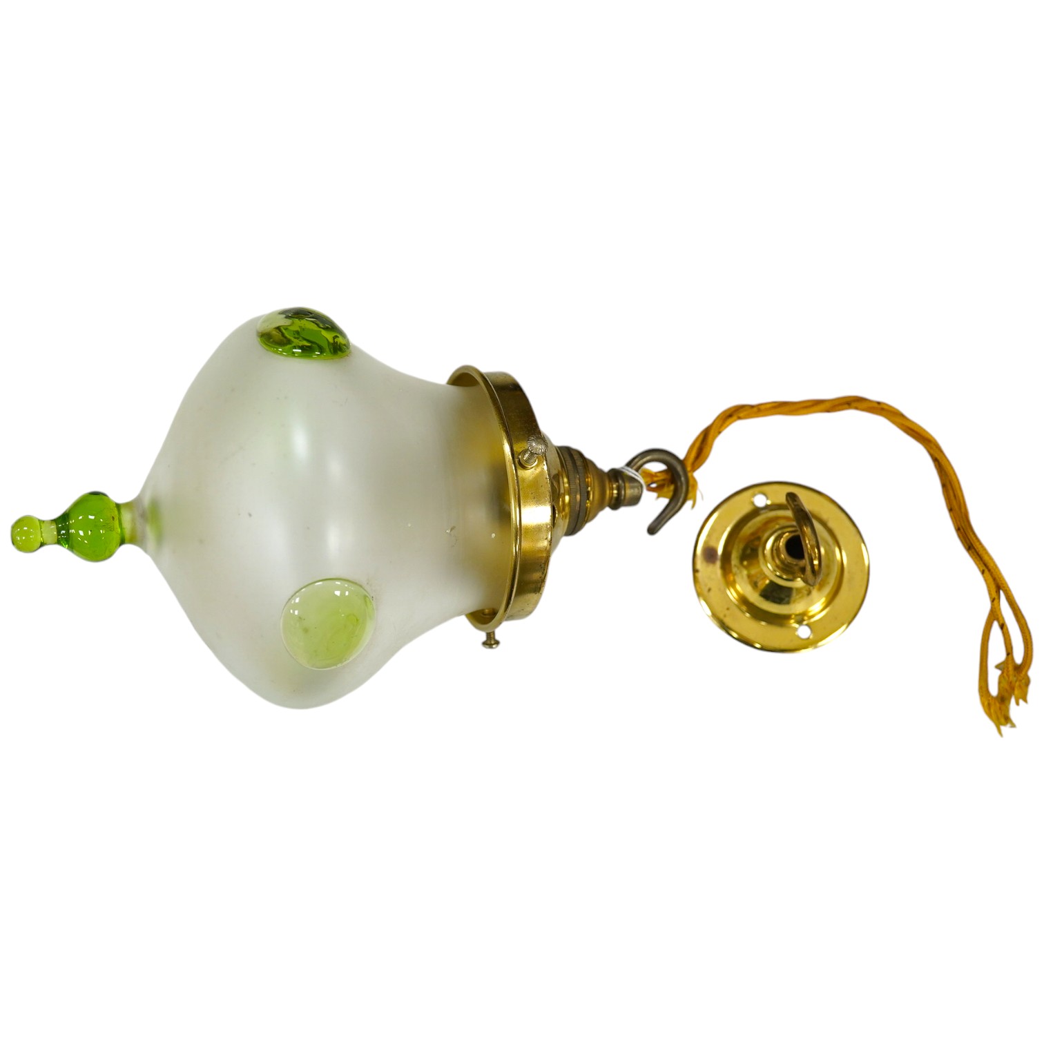 An Art Nouveau frosted and green glass pendant light, with brass attachment and hook, 25cm high. Condition - good